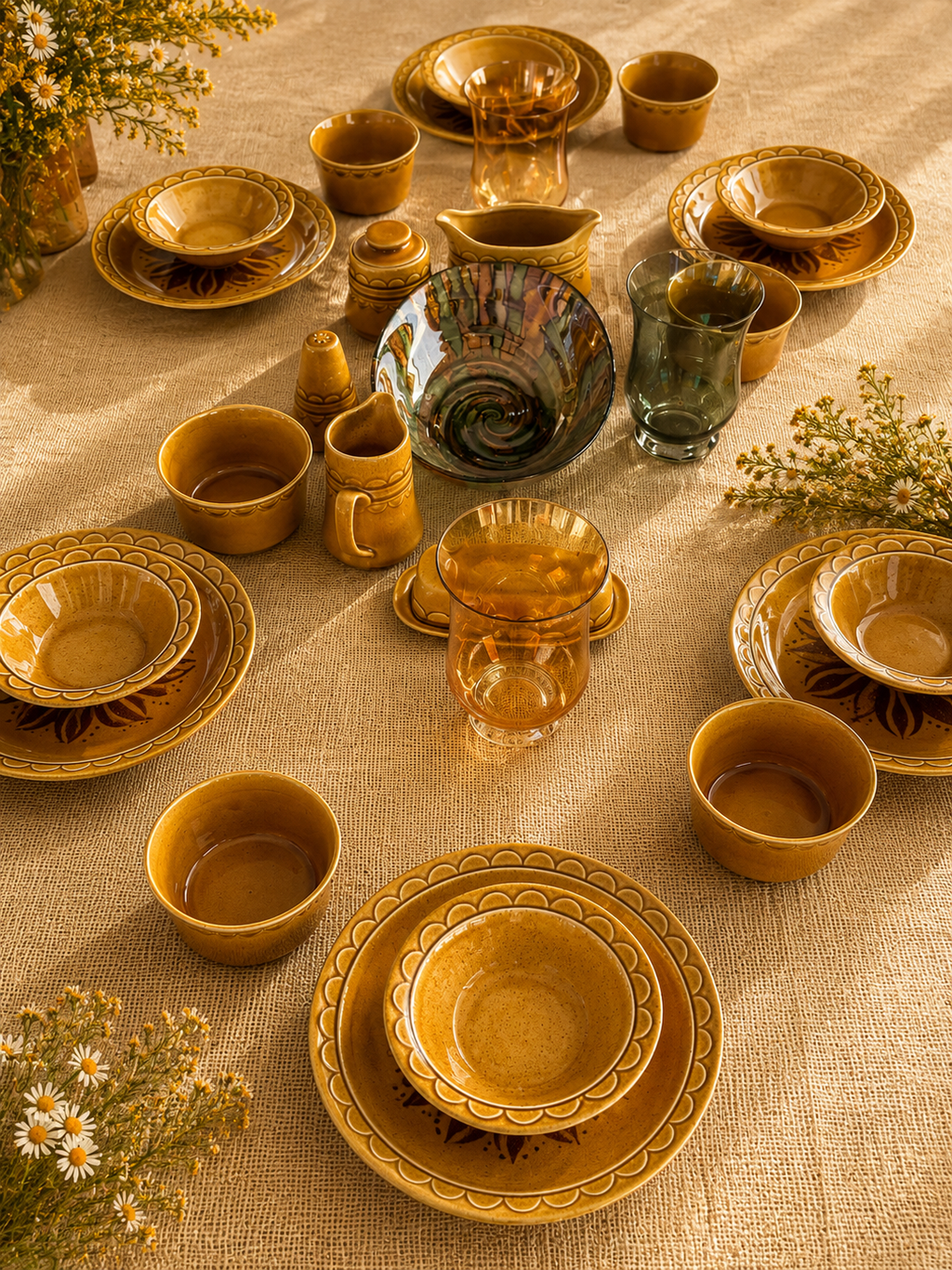 Homer Laughlin Golden Harvest Service for 6- Dinner Plates 10 1/8, Rim Cereal Bowls 6 3/4, Individual Open Soup 5", Gravy Boat, Covered Sugar Bowl, Covered Butter Dish, Creamer, Pepper Shaker