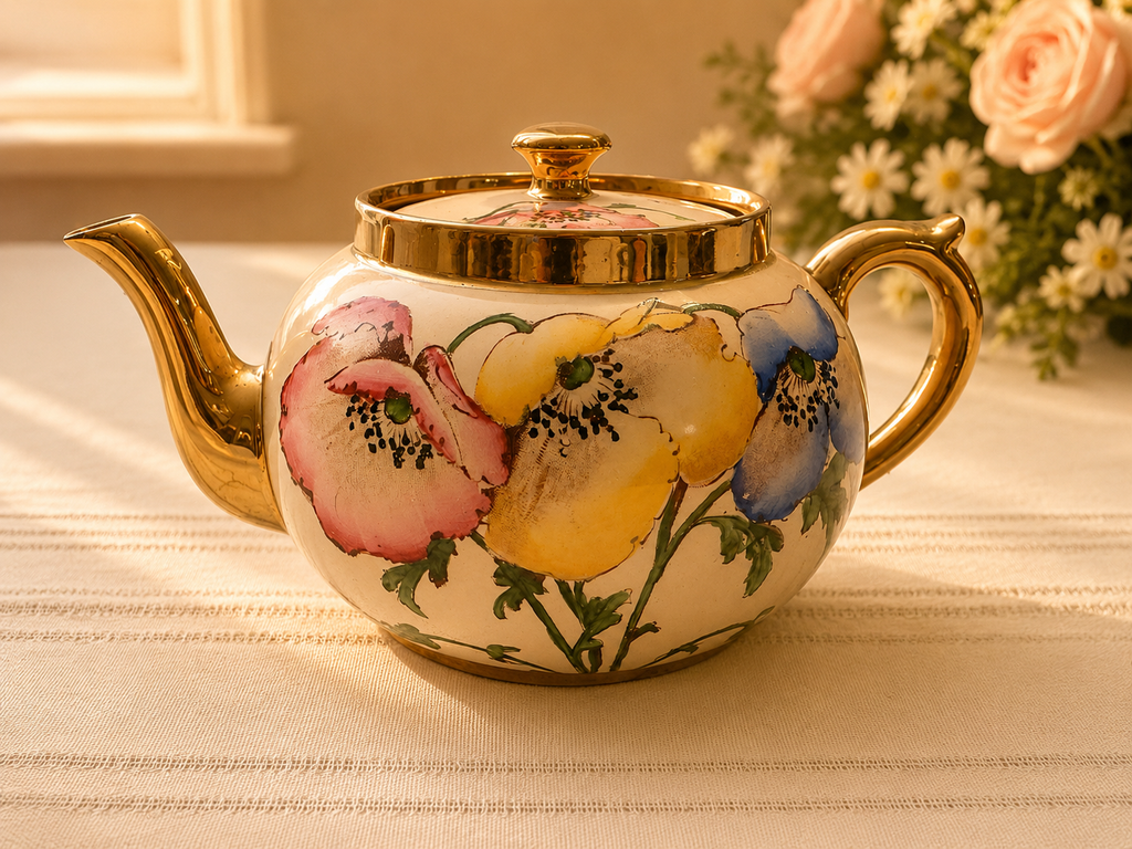 Gibsons Staffordshire Pink Floral Teapot with Gold Trim