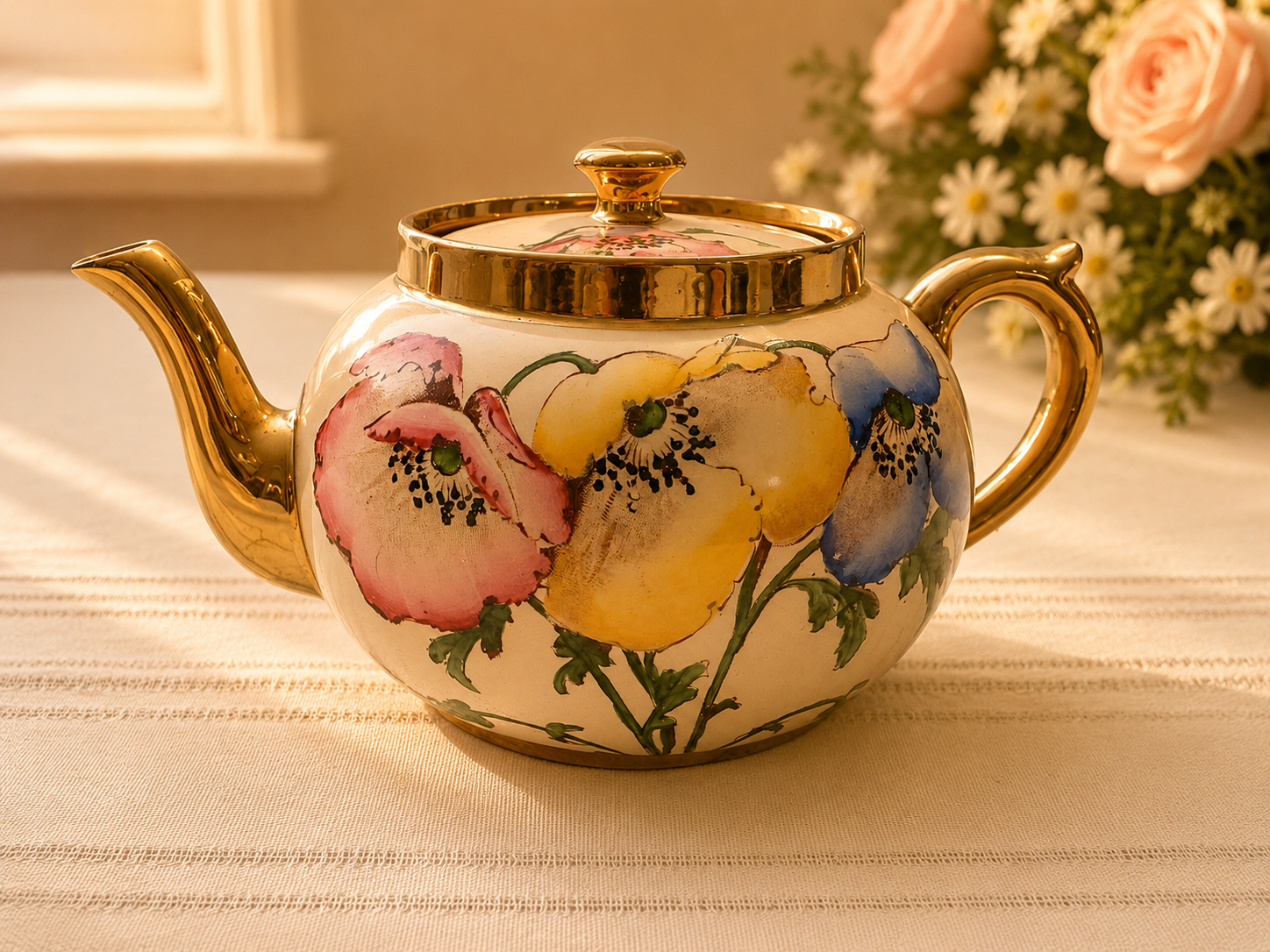 Gibsons Staffordshire Pink Floral Teapot with Gold Trim