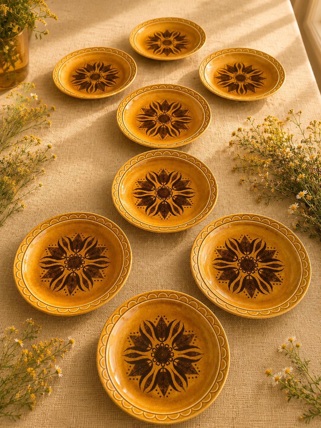 Homer Laughlin Golden Harvest Service for 6- Dinner Plates 10 1/8, Rim Cereal Bowls 6 3/4, Individual Open Soup 5", Gravy Boat, Covered Sugar Bowl, Covered Butter Dish, Creamer, Pepper Shaker