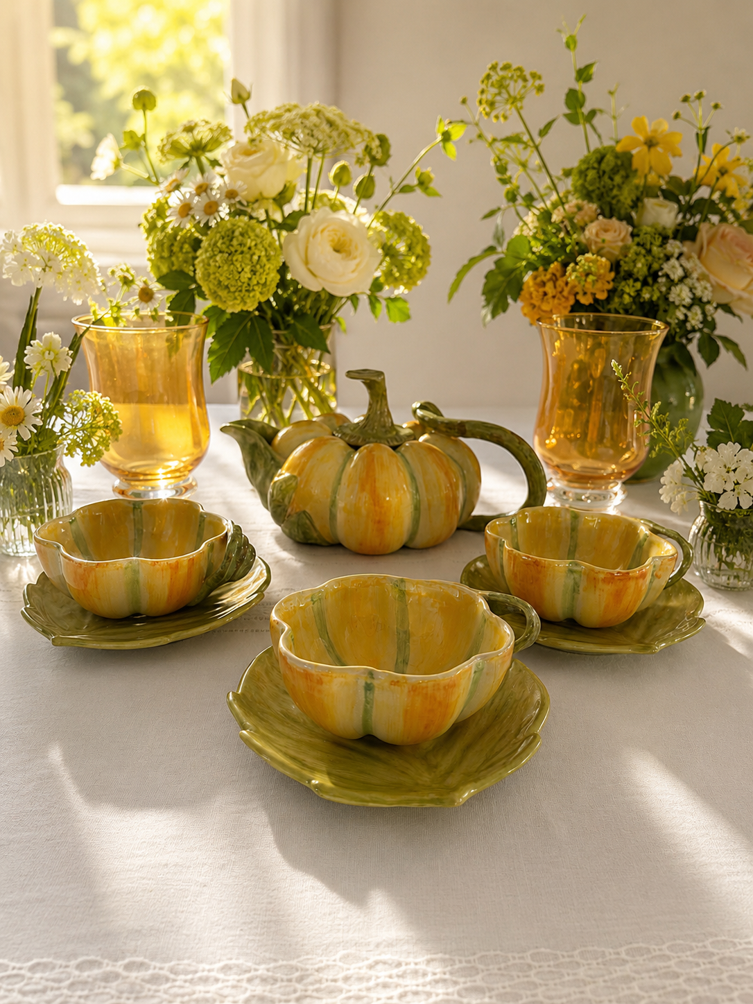 Signed Italian Hand-Painted Pumpkin Tea Set for Three