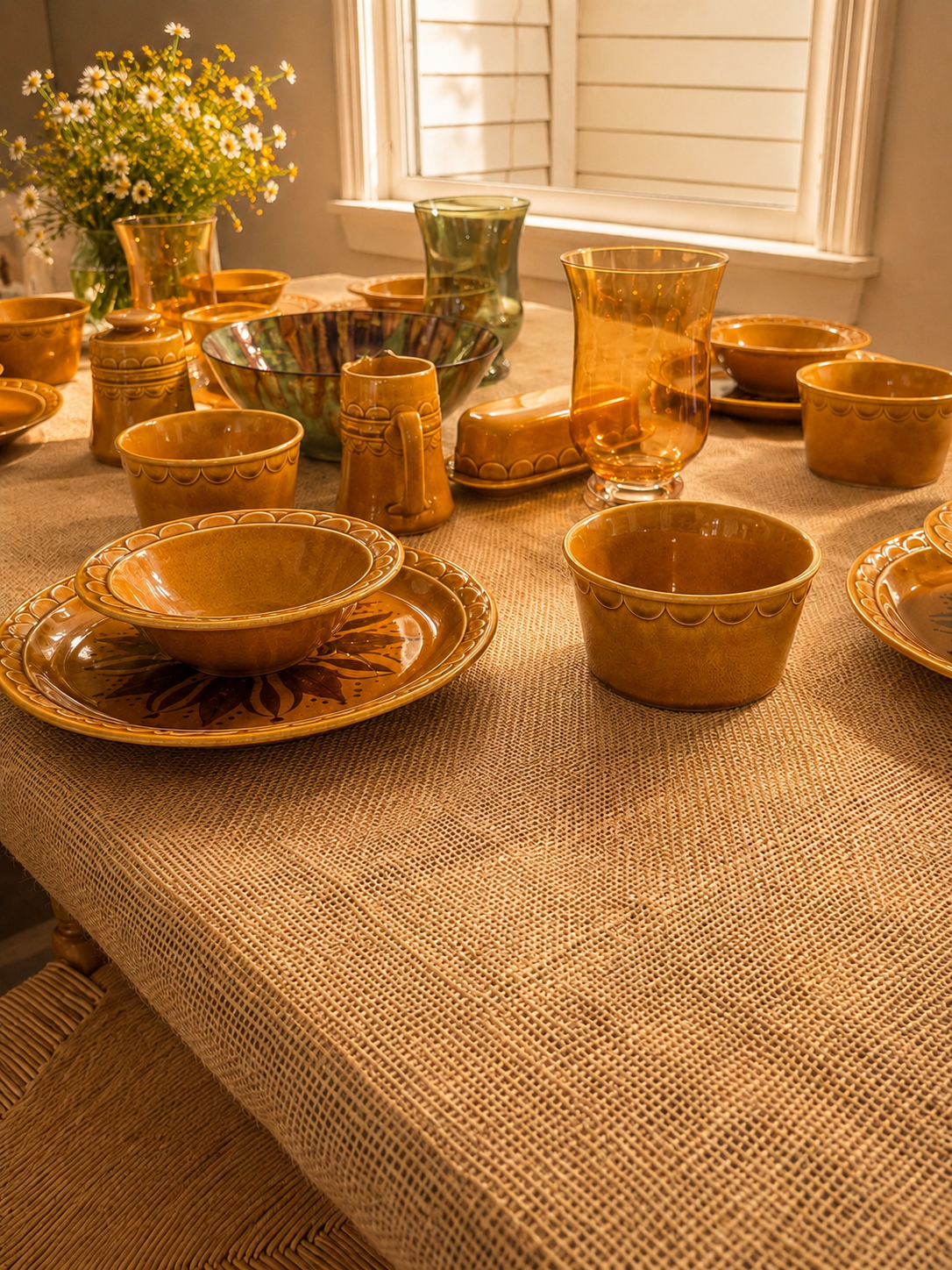 Homer Laughlin Golden Harvest Service for 6- Dinner Plates 10 1/8, Rim Cereal Bowls 6 3/4, Individual Open Soup 5", Gravy Boat, Covered Sugar Bowl, Covered Butter Dish, Creamer, Pepper Shaker