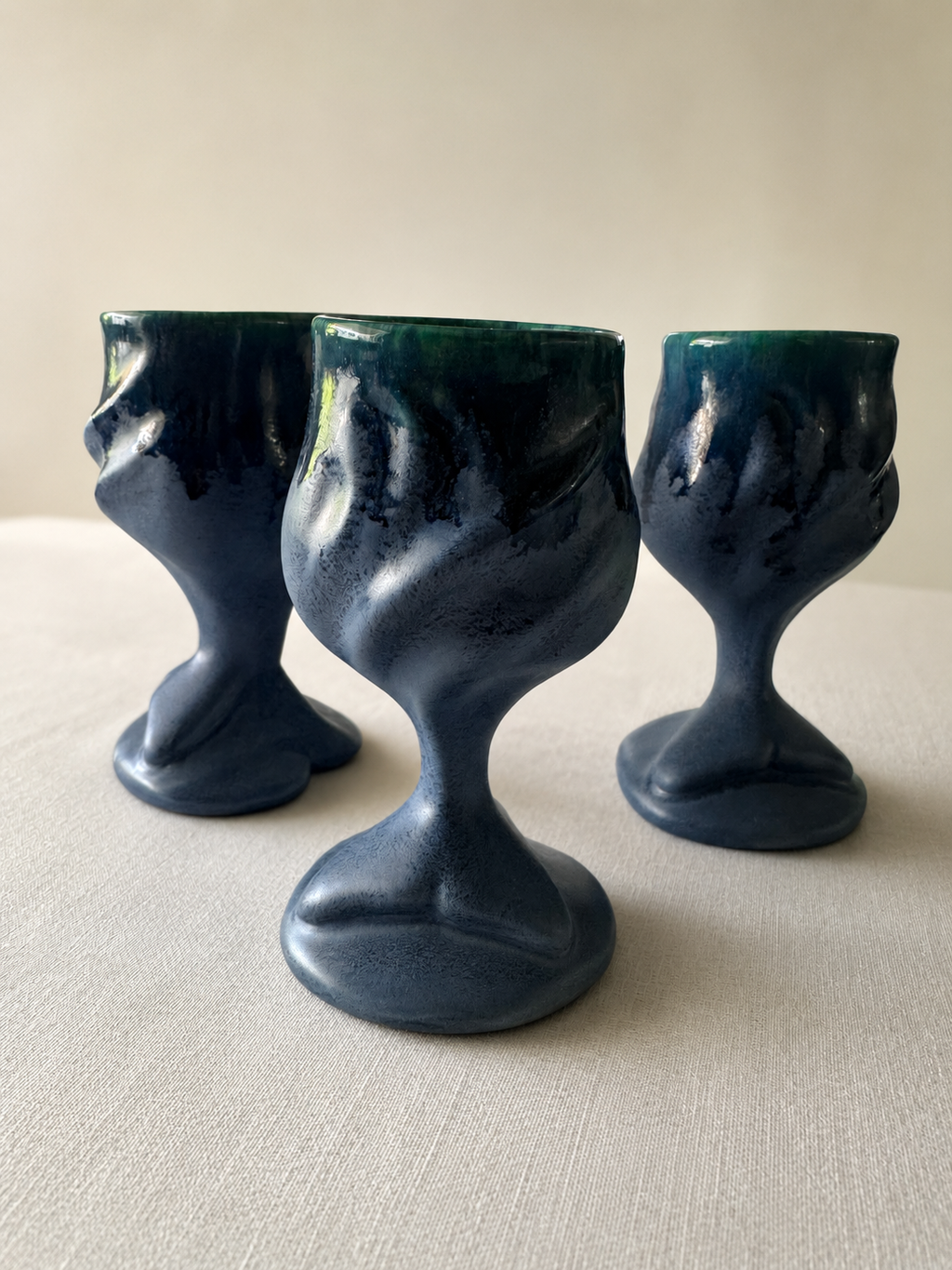 Doug Wylie 2017 Whale Tail Goblets with Green Rim, Set of Three