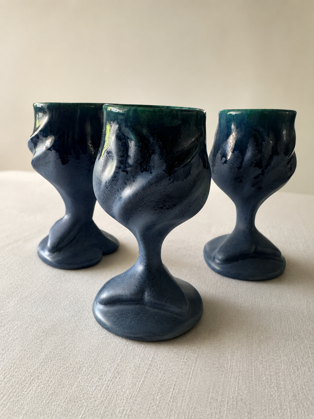 Doug Wylie 2017 Whale Tail Goblets with Green Rim, Set of Three