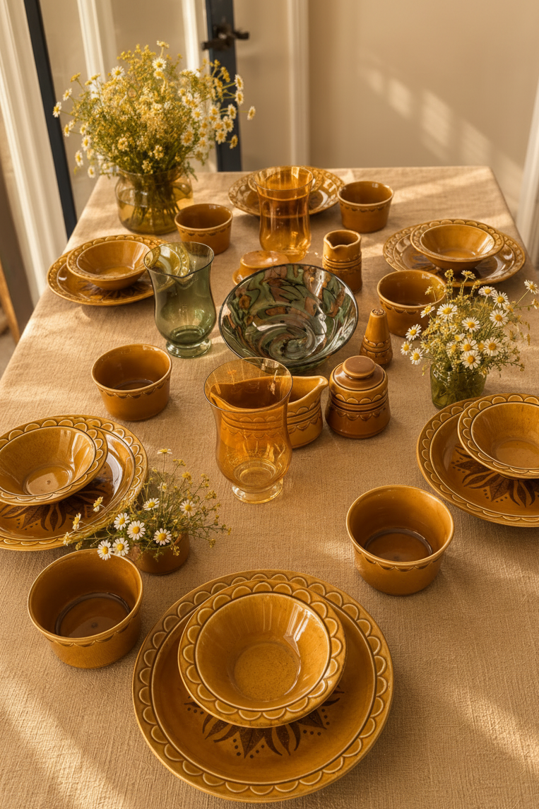 Homer Laughlin Golden Harvest Service for 6- Dinner Plates 10 1/8, Rim Cereal Bowls 6 3/4, Individual Open Soup 5", Gravy Boat, Covered Sugar Bowl, Covered Butter Dish, Creamer, Pepper Shaker