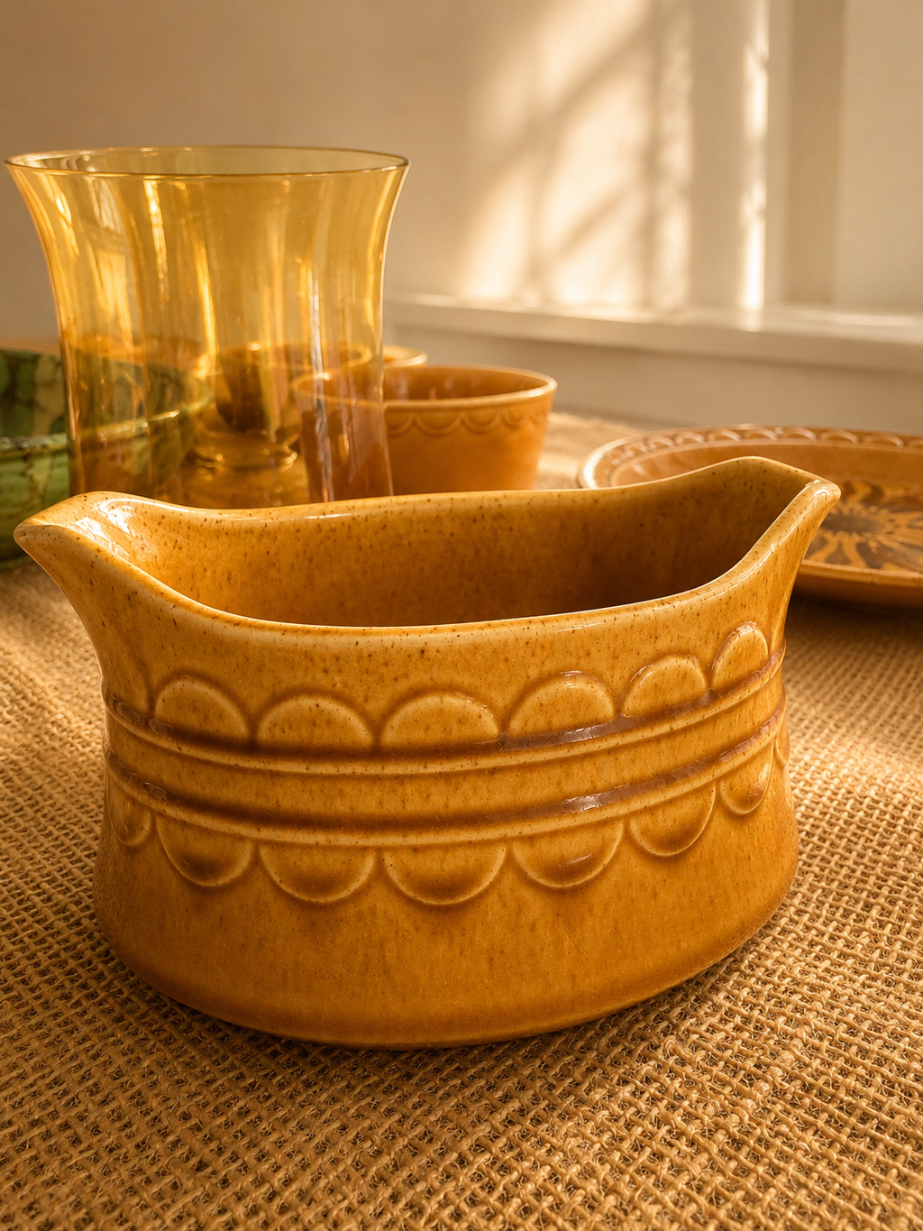 Homer Laughlin Golden Harvest Service for 6- Dinner Plates 10 1/8, Rim Cereal Bowls 6 3/4, Individual Open Soup 5", Gravy Boat, Covered Sugar Bowl, Covered Butter Dish, Creamer, Pepper Shaker