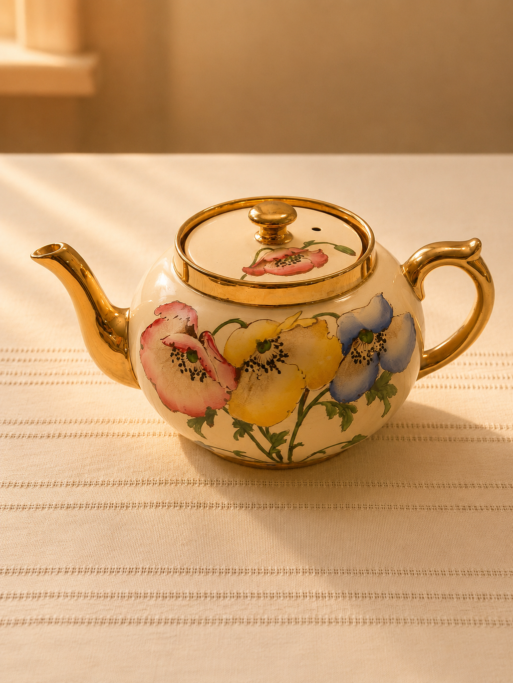 Gibsons Staffordshire Pink Floral Teapot with Gold Trim