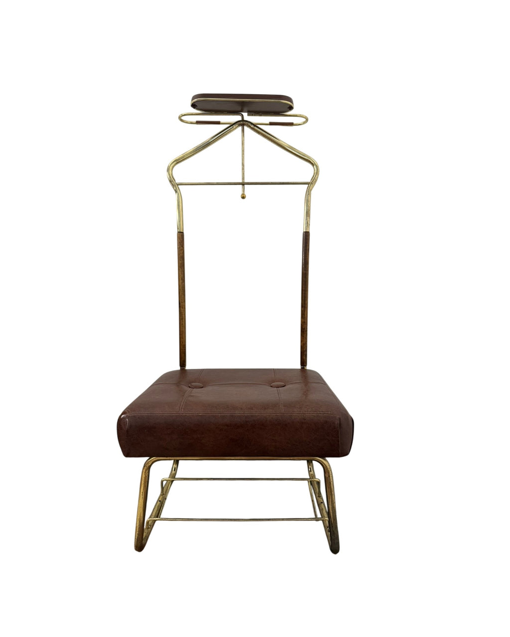 Pearl-Wick Collapsible "Val-O-Seat" Butler's Chair in Wood, Brass and Leather Like Material