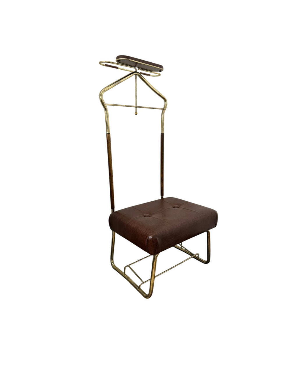 Pearl-Wick Collapsible "Val-O-Seat" Butler's Chair in Wood, Brass and Leather Like Material