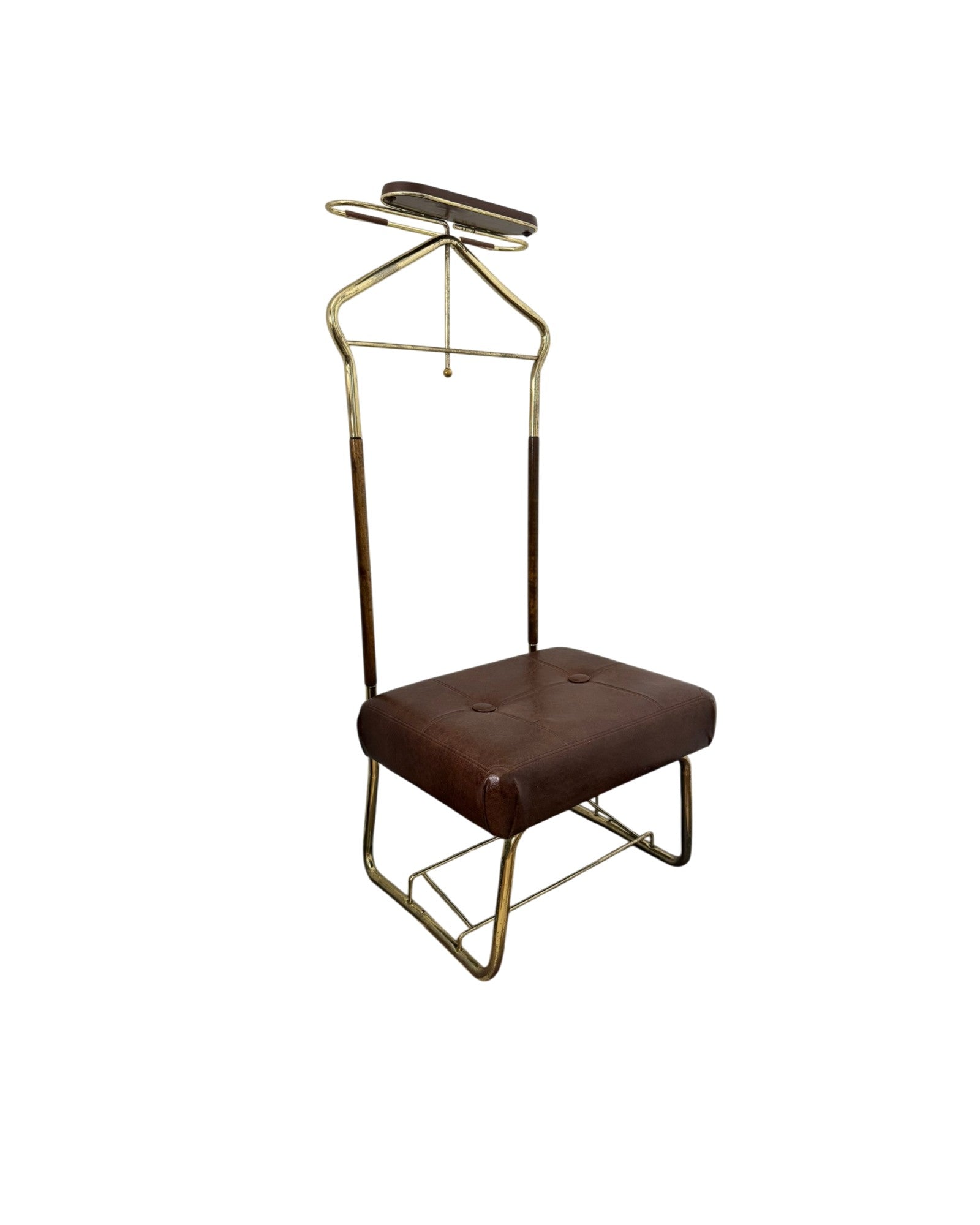 Pearl-Wick Collapsible "Val-O-Seat" Butler's Chair in Wood, Brass and Leather Like Material