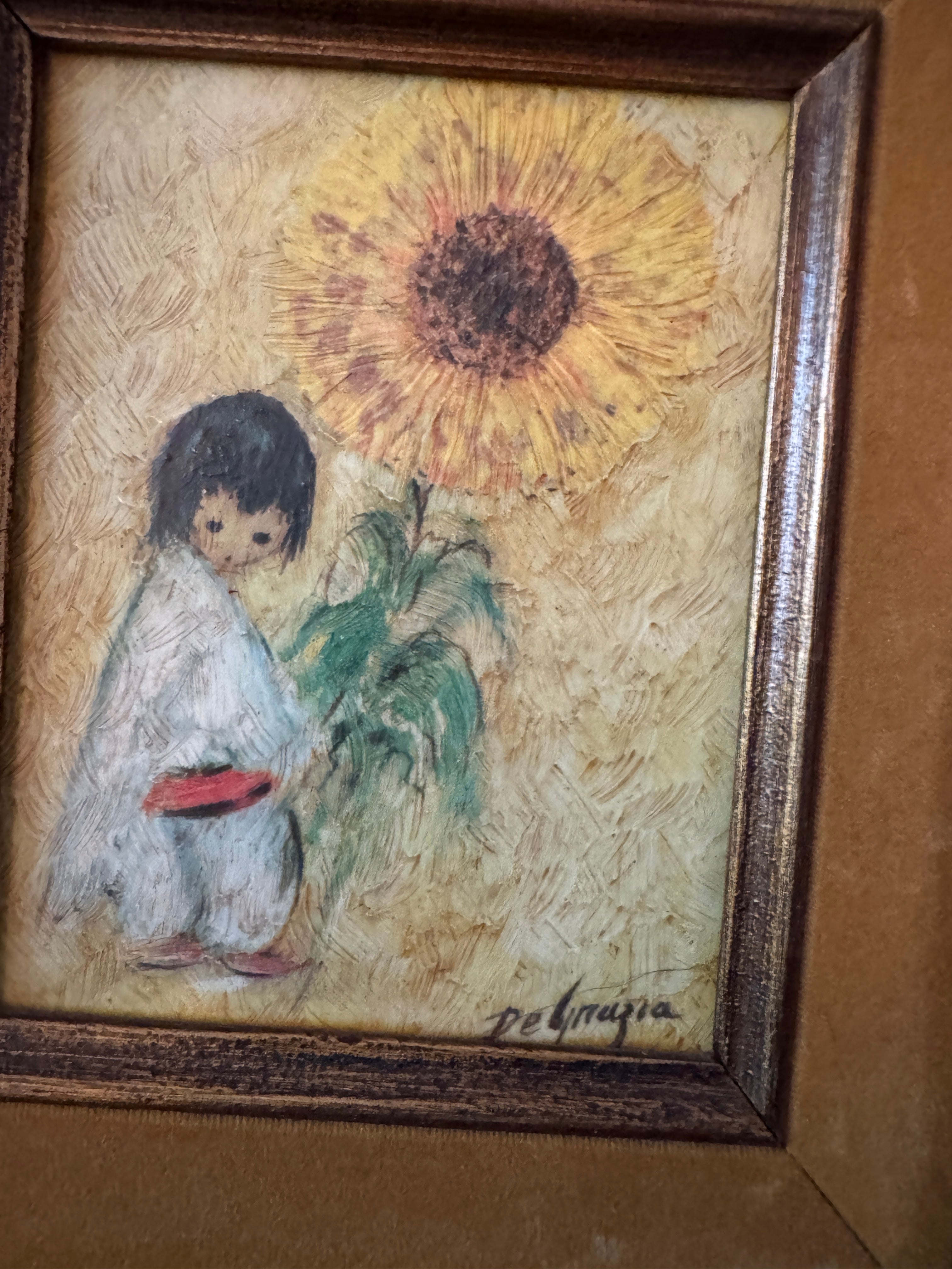 Pair of Ted DeGrazia Signed Textured Prints on Board, Girls with Flowers