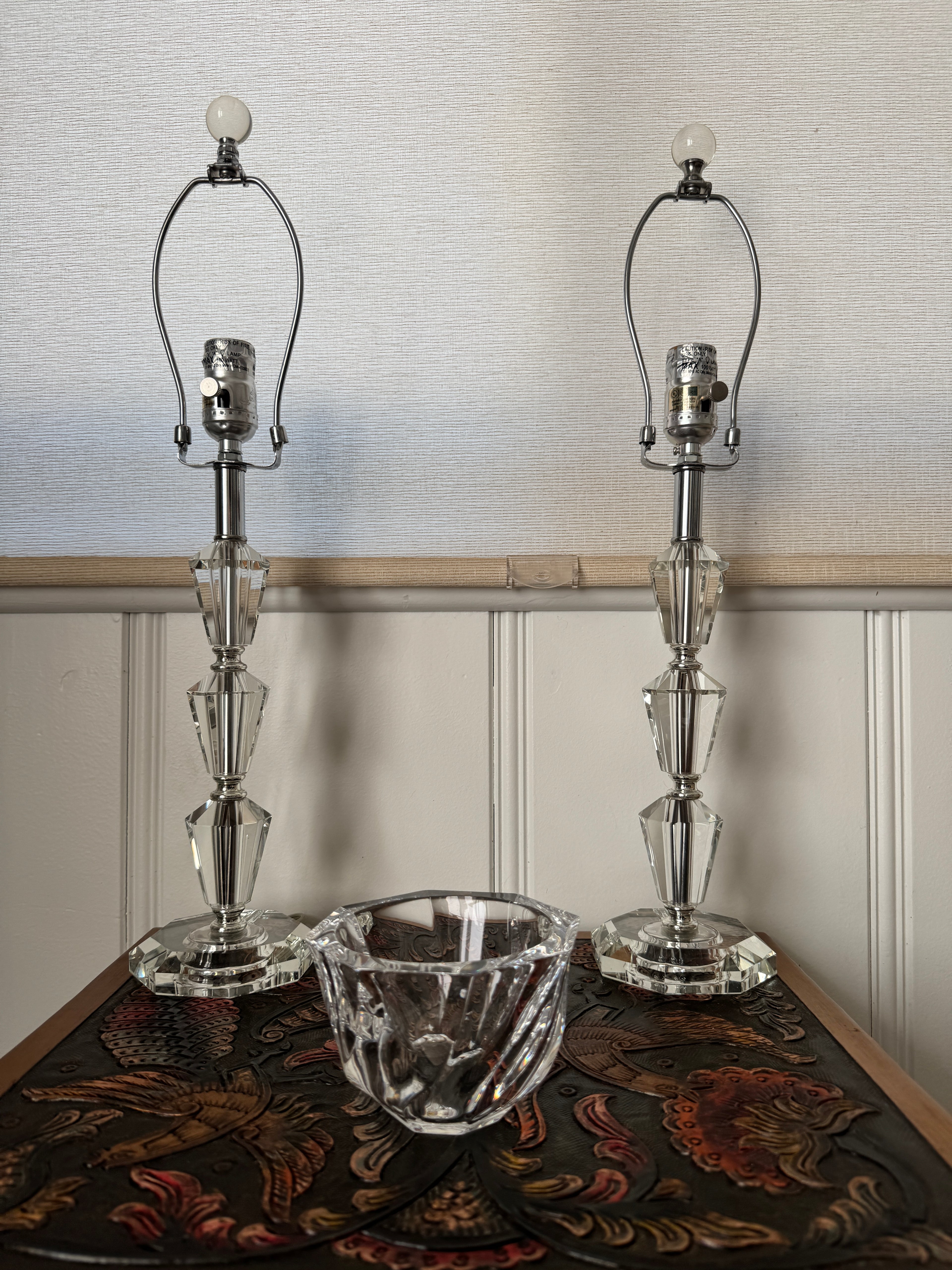 Pair of Crystal-Base Lucite Table Lamps, 22 Inch